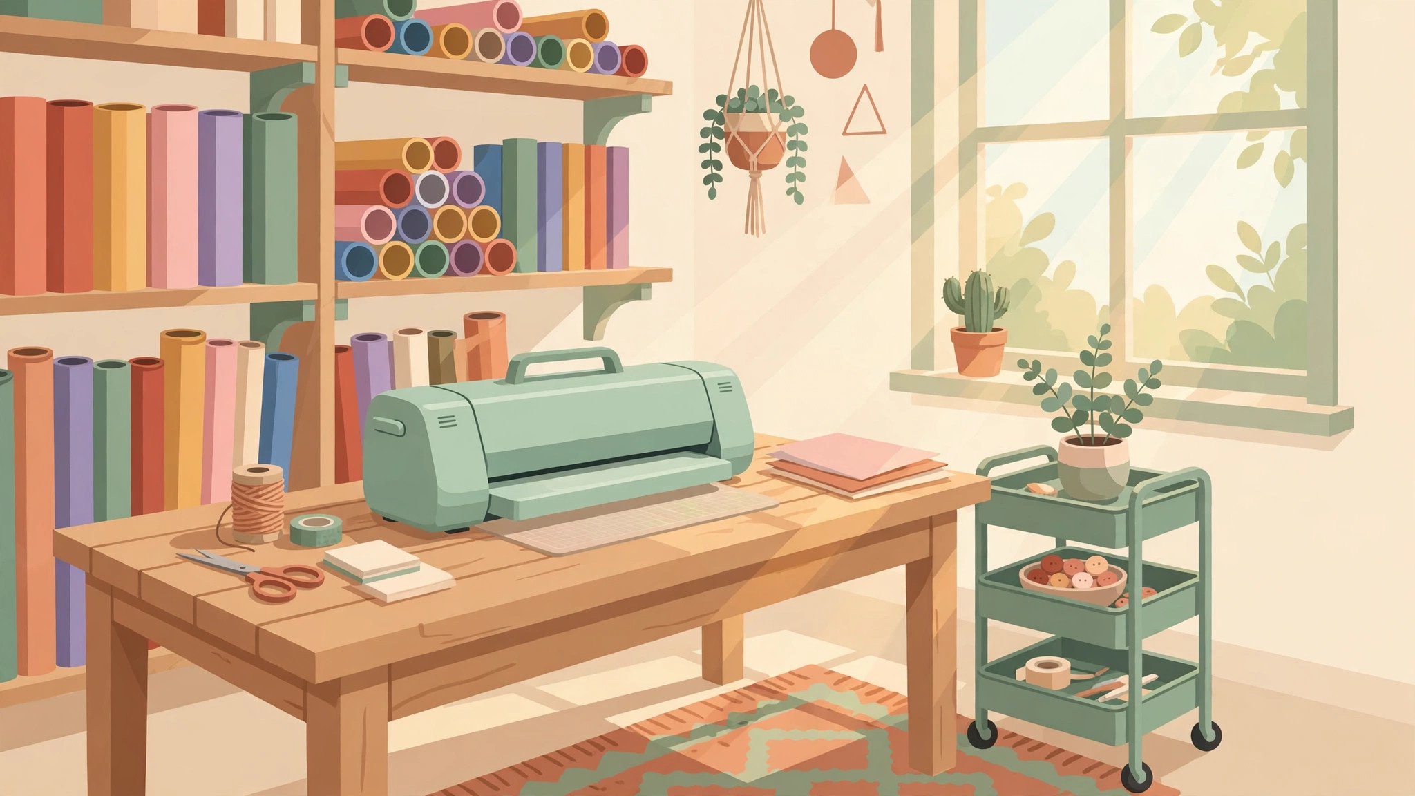 Illustration of a cozy craft room with a cutting machine, vinyl shelves, and a rolling cart