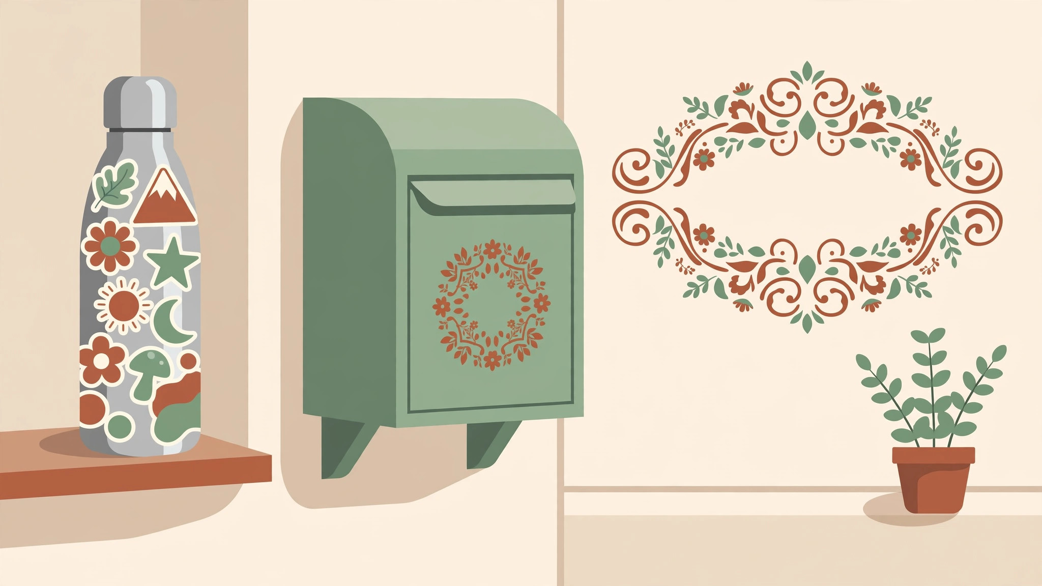 Illustration of a stickered water bottle, a mailbox decal, and a wall quote decal
