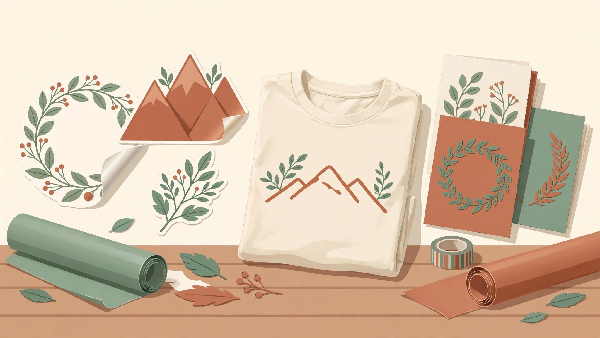 Illustration of finished vinyl projects: decals, a custom t-shirt, and greeting cards