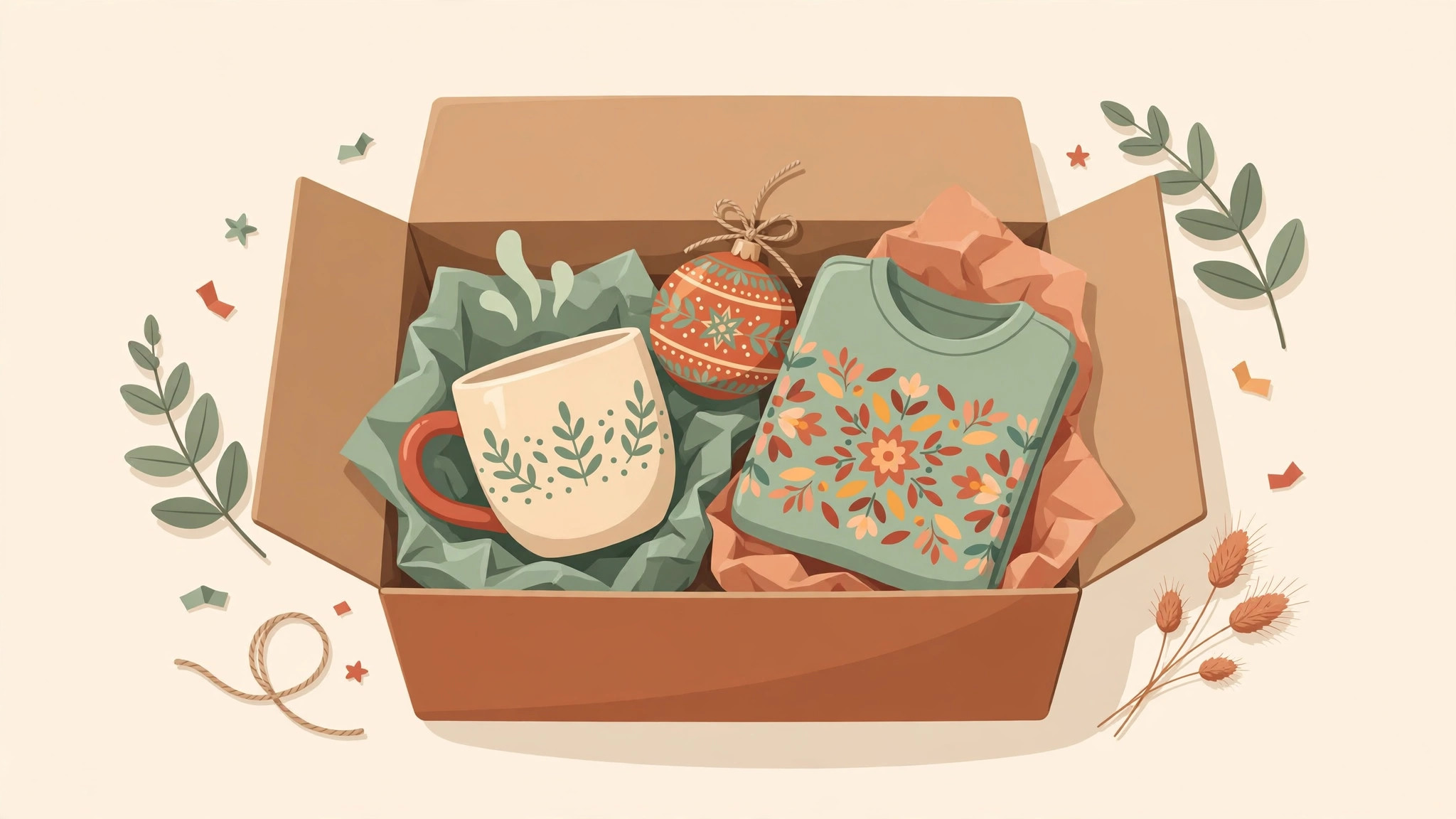 Illustration of a gift box with a custom mug, ornament, and folded shirt