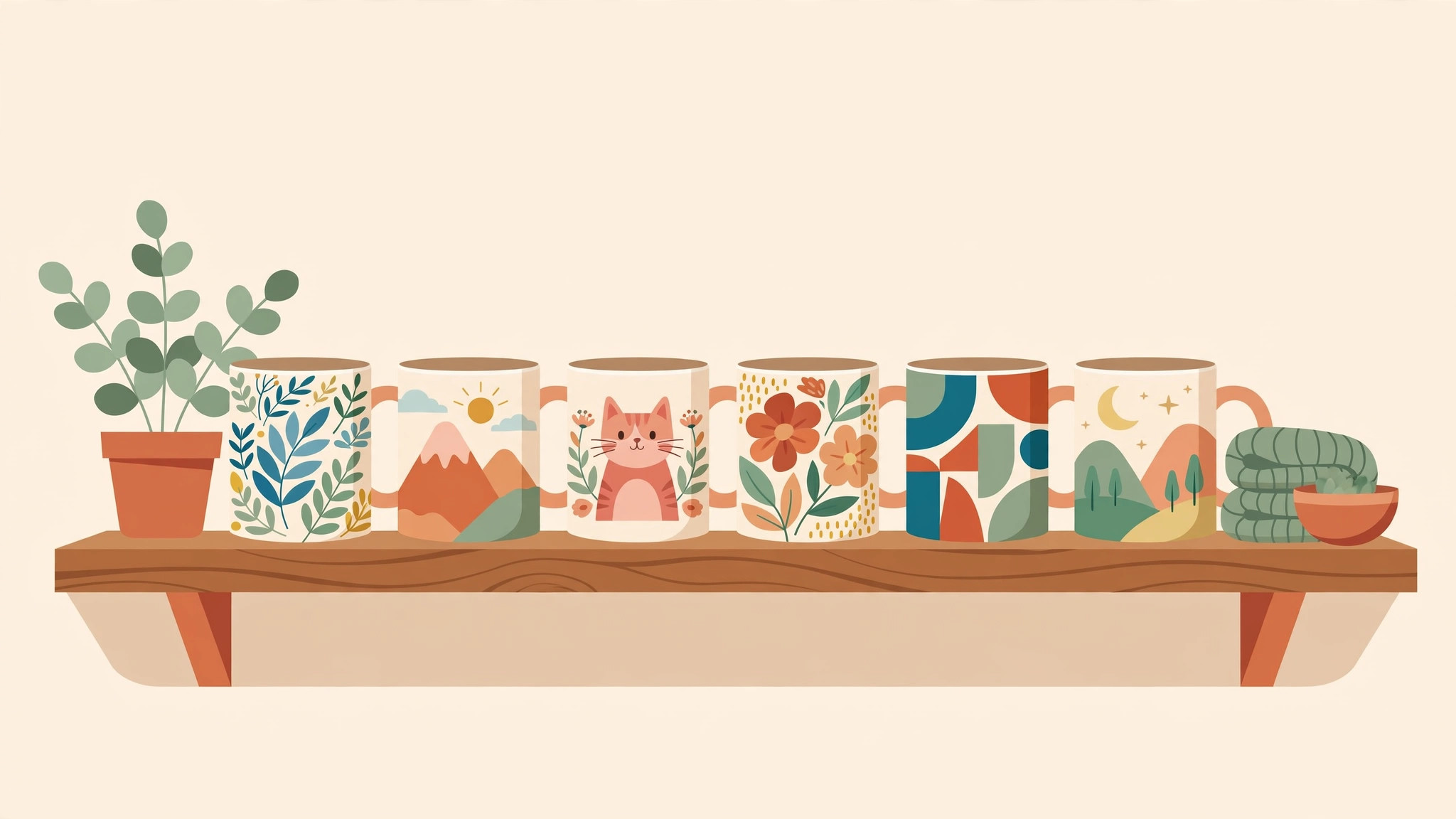 Illustration of a wooden shelf with vibrant personalized photo mugs