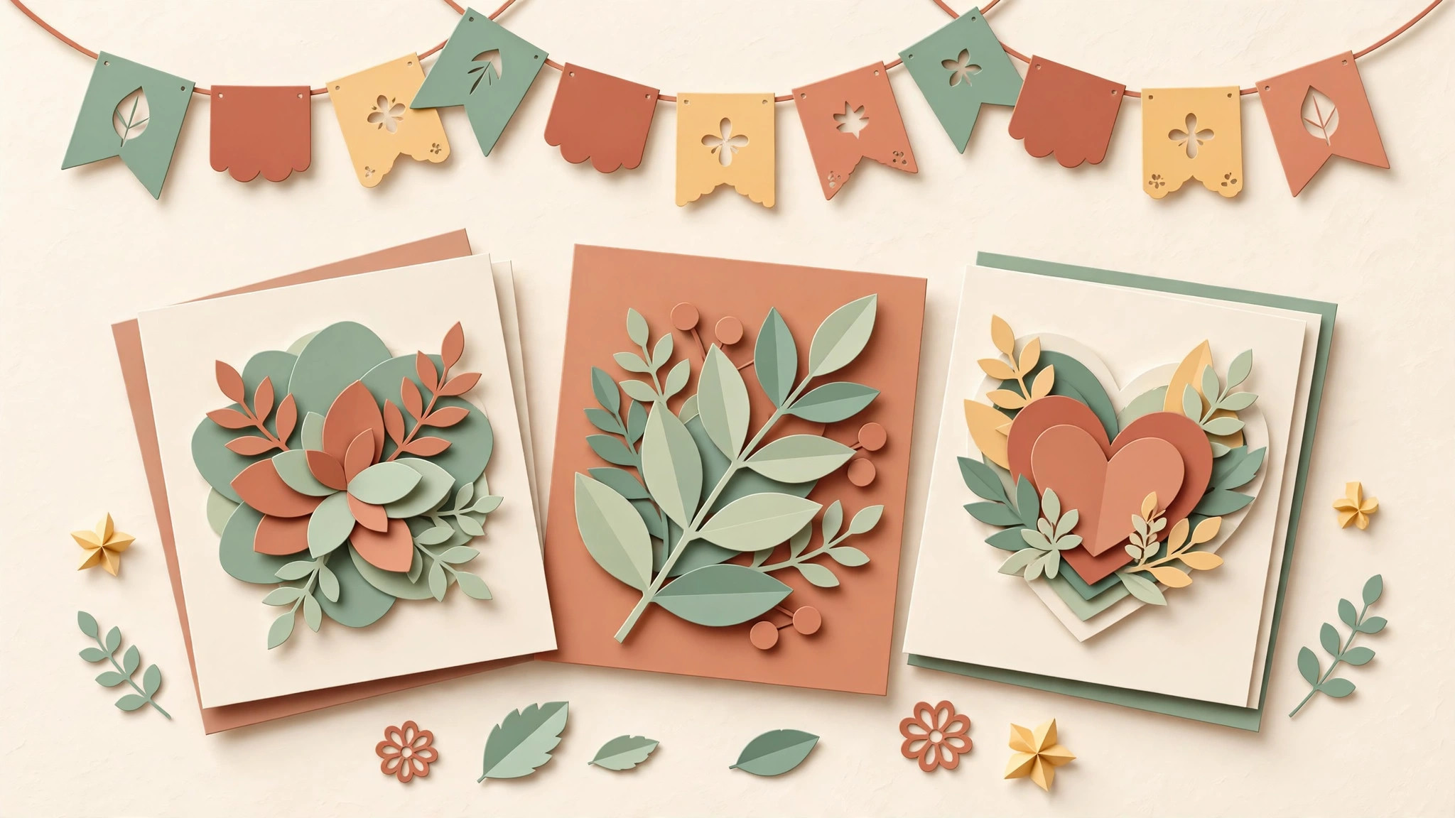 Illustration of layered paper art greeting cards and a colorful paper garland