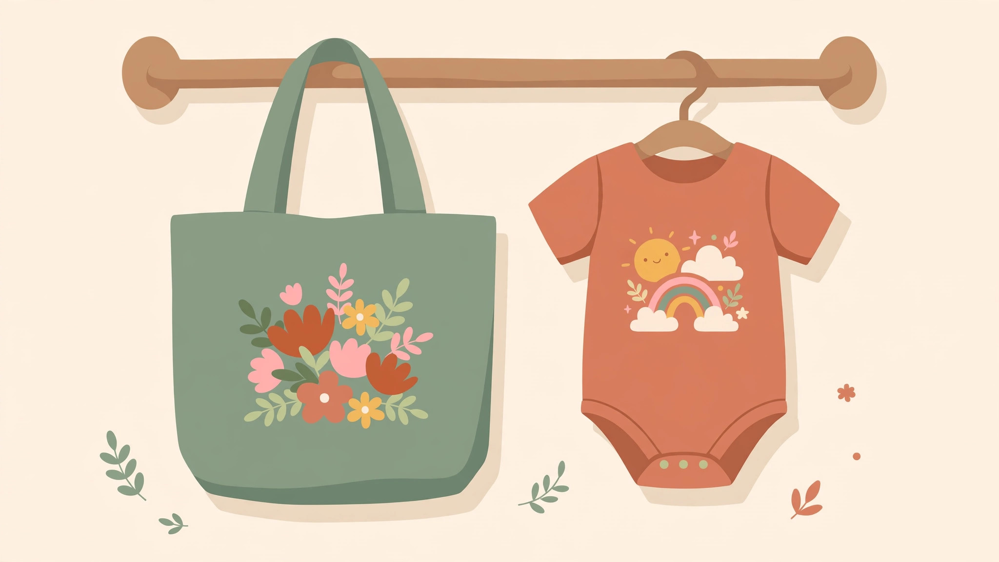 Illustration of a custom tote bag and baby onesie with cute heat transfer designs