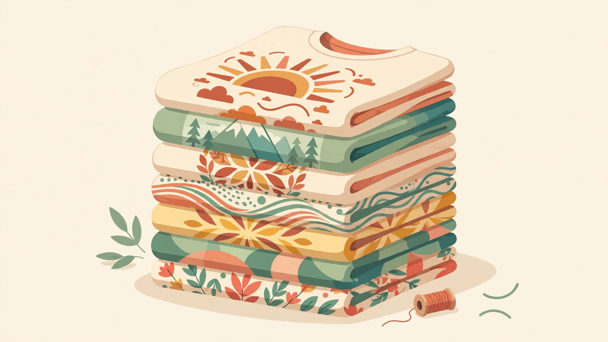 Illustration of a neat stack of freshly pressed custom t-shirts with vibrant designs