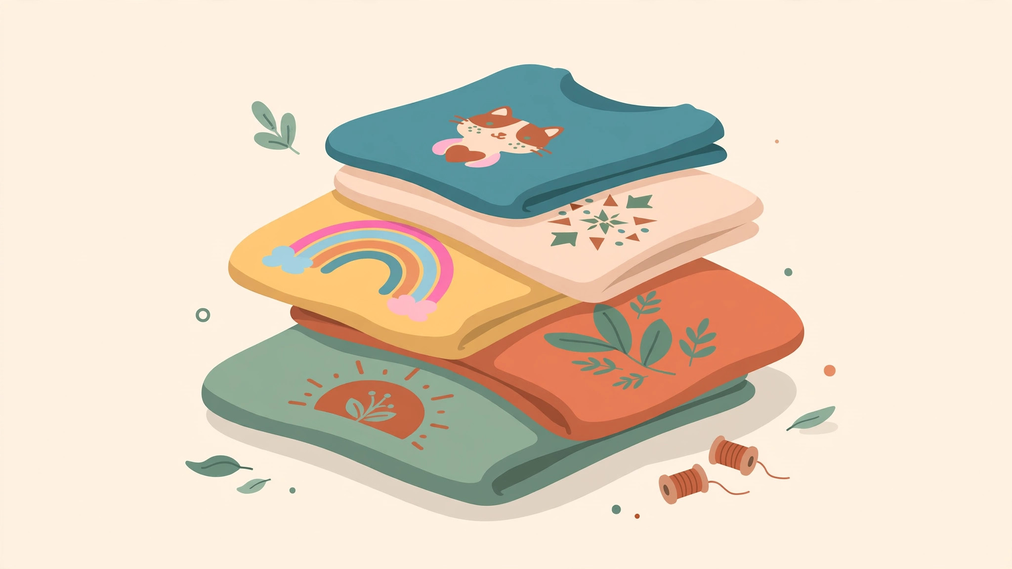 Illustration of folded custom t-shirts with colorful heat transfer designs