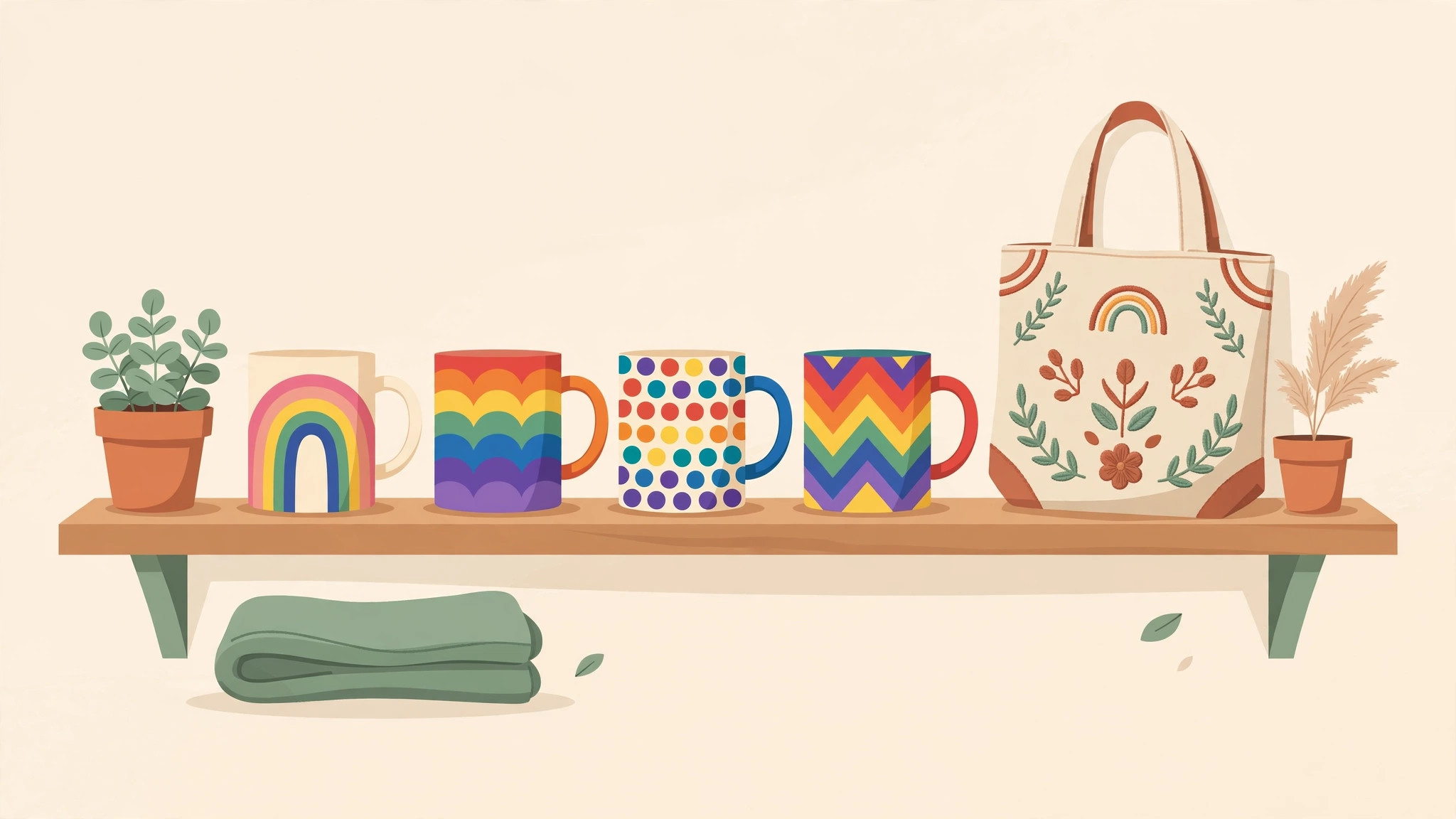 Illustration of vibrant personalized mugs and a decorated tote bag on a shelf