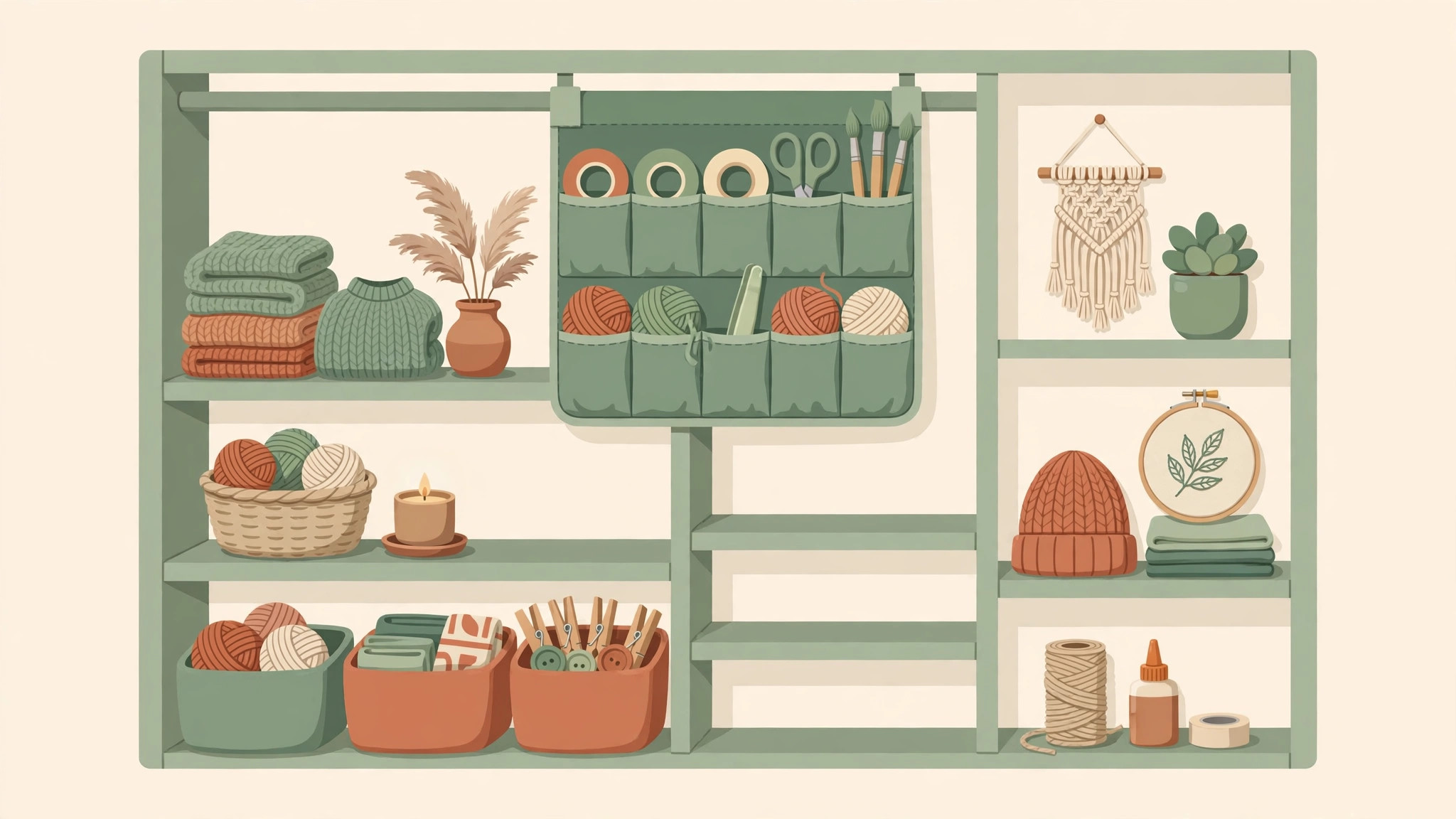 Illustration of a tidy craft closet with an over-door organizer and finished projects