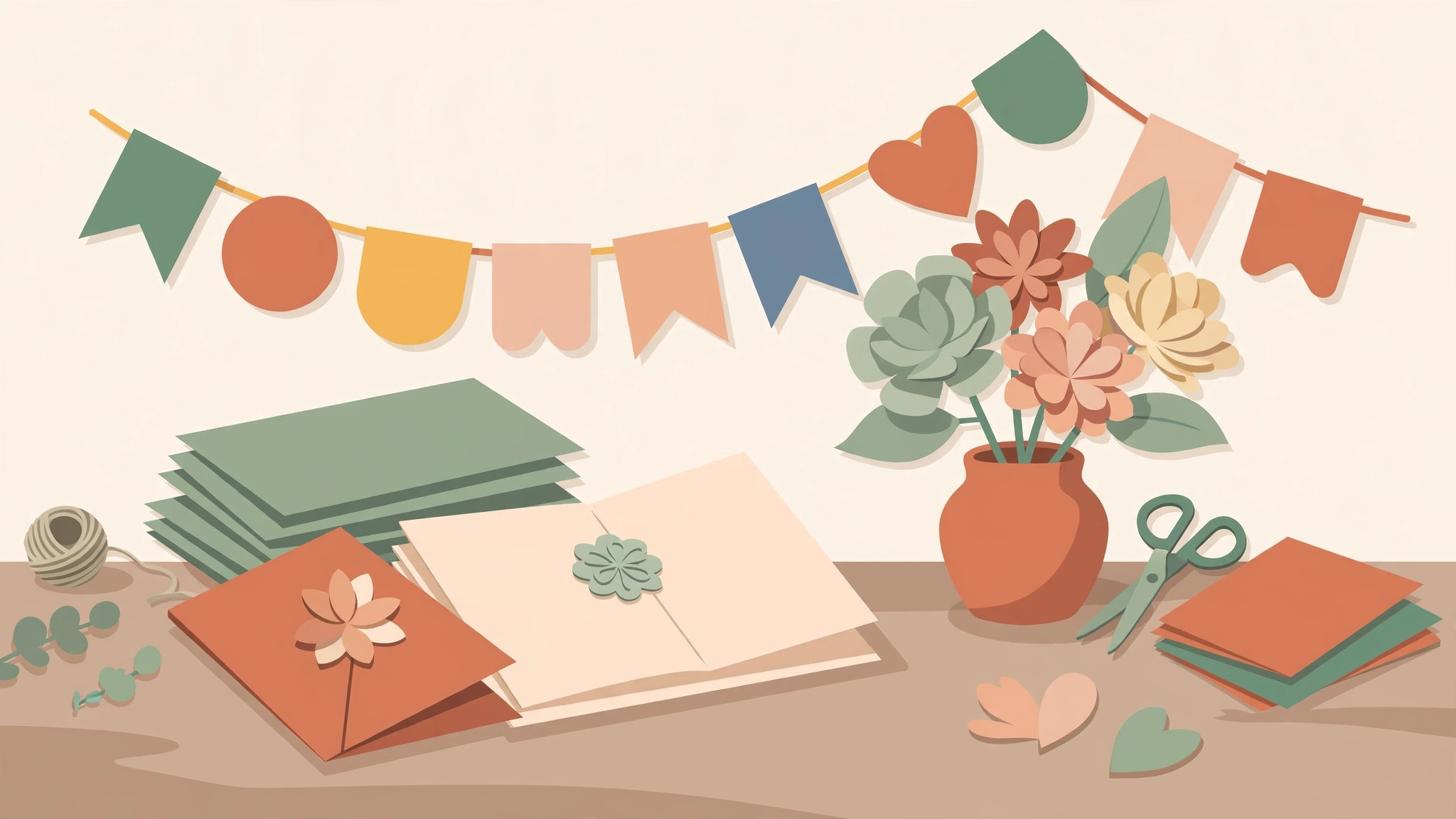 Illustration of handmade greeting cards, paper flowers, and a paper garland