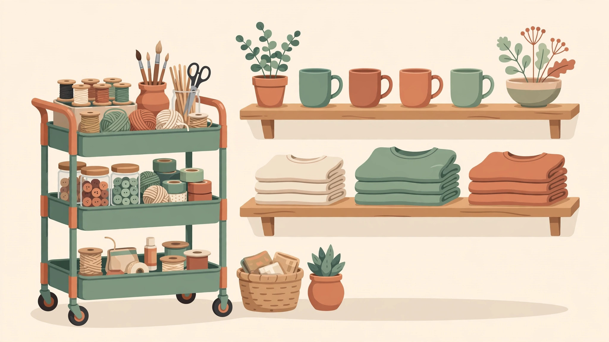 Illustration of a tidy craft cart station with finished mugs and folded custom shirts on shelves