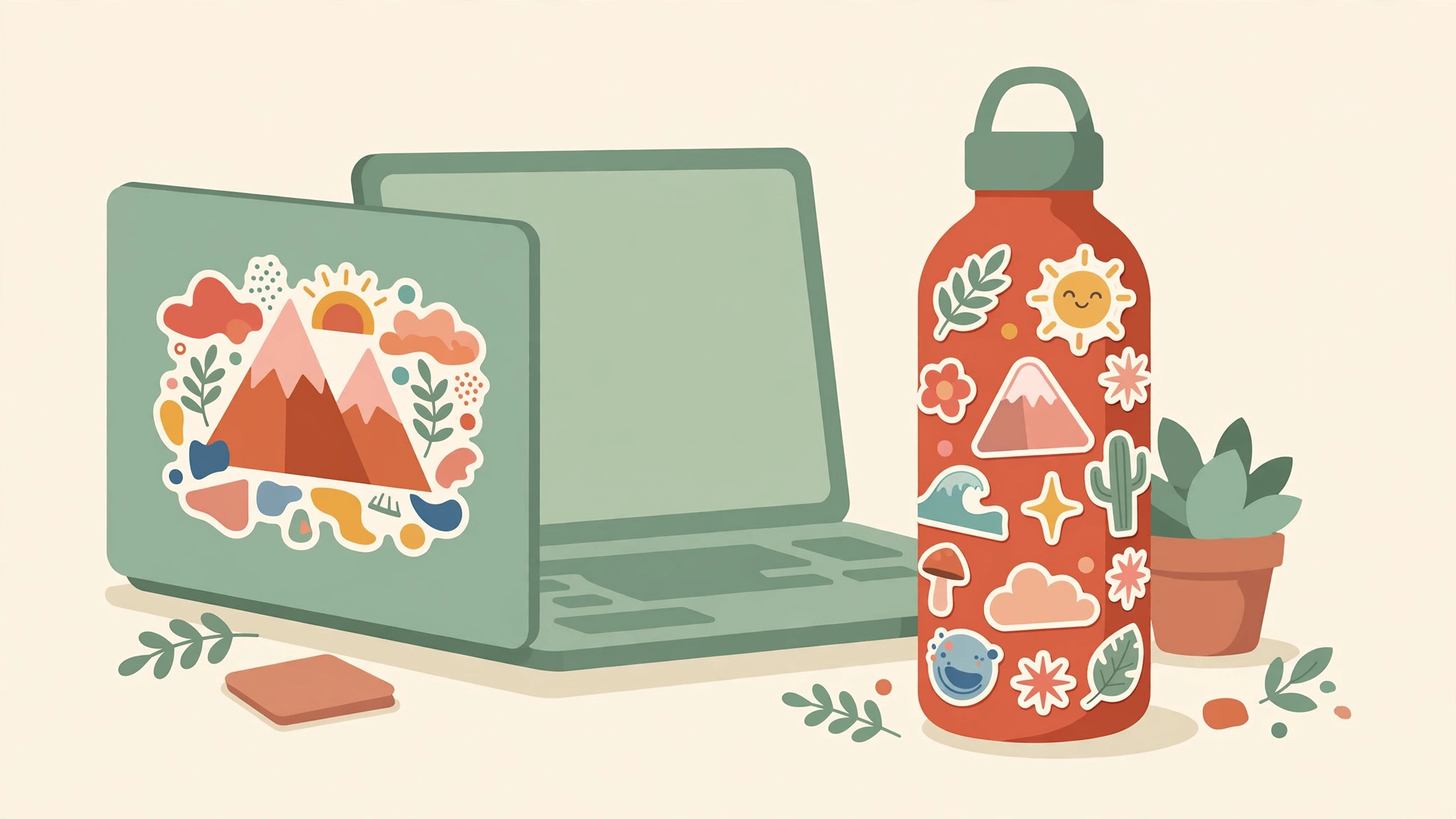 Illustration of a laptop with a vinyl decal and a water bottle covered in vinyl stickers