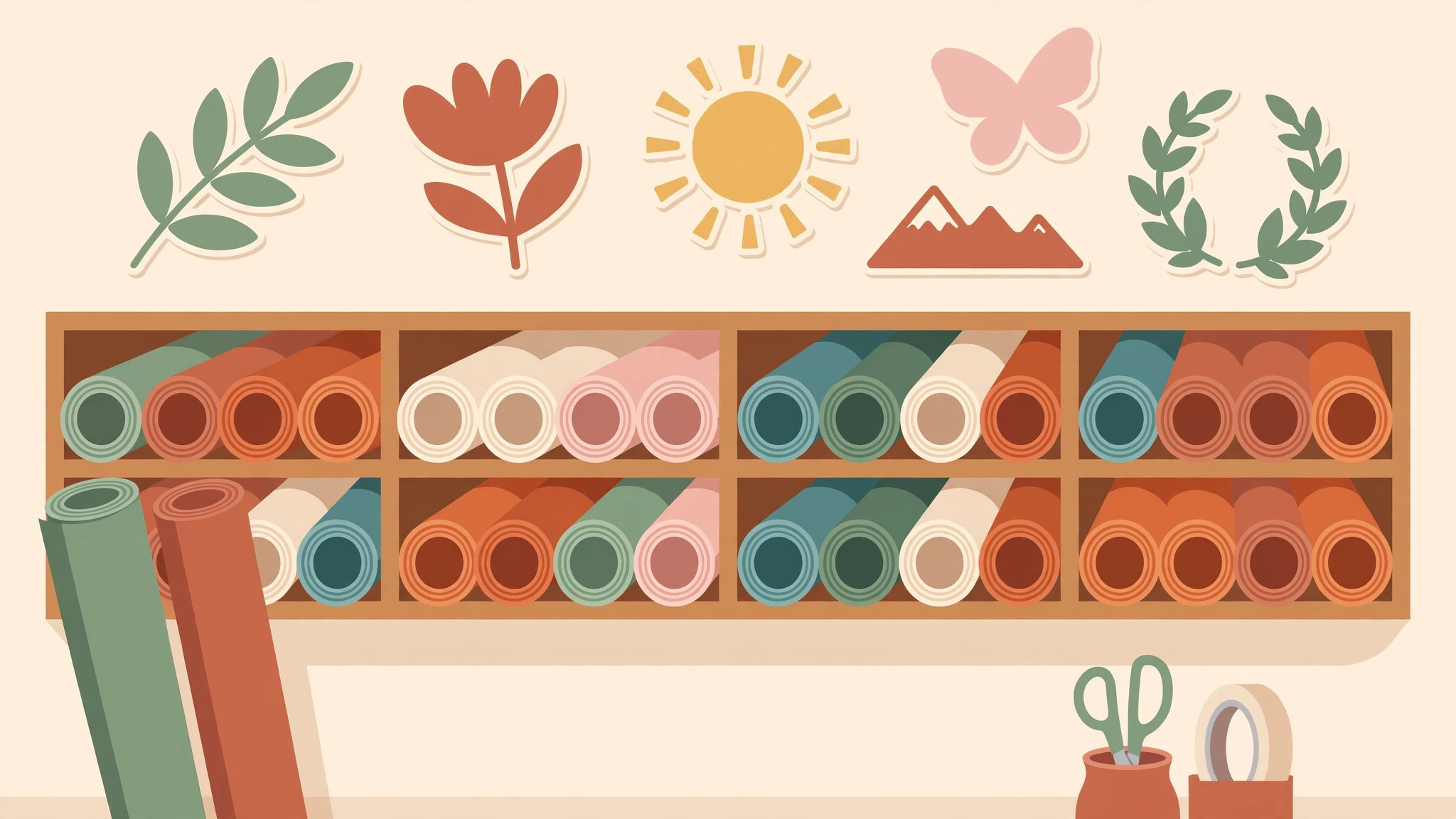 Illustration of a craft room wall with vinyl decals above neatly stored vinyl rolls