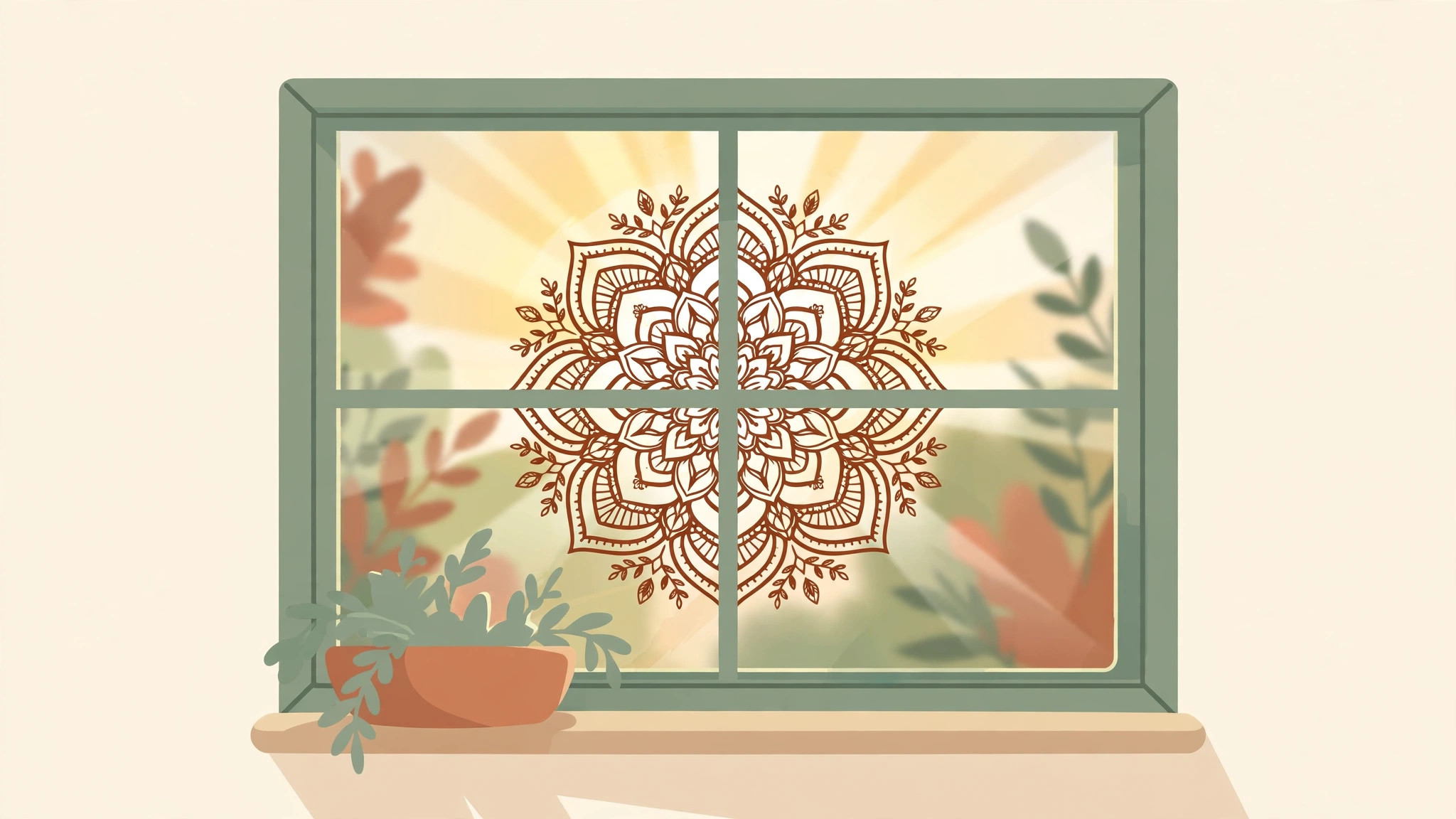 Illustration of an intricate mandala vinyl decal on a sunlit glass window